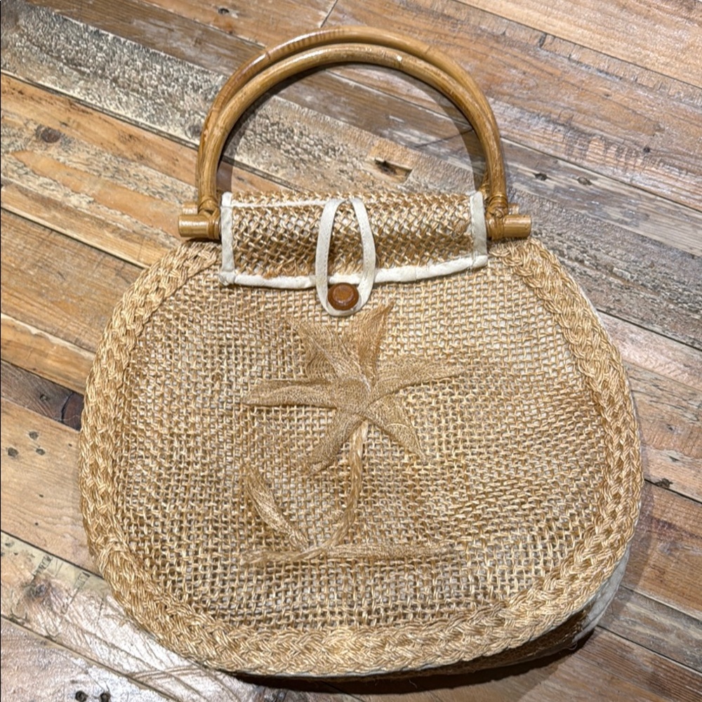 Tan Woven Tote with Circular Design and Decorative Pattern